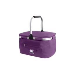 A purple picnic cooler basket with an aluminium handle and a front zip pocket, featuring a logo on the side.