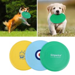 A set of three silicone frisbees in green, blue, and yellow, featuring a logo on one and a character on another.