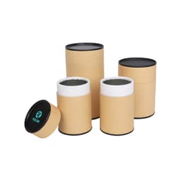 A set of large kraft paper cylinders with black lids, displayed in various sizes, showcasing a natural and minimalistic design.