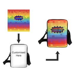 A colourful sublimation cross body bag with a bold design and adjustable strap, featuring a logo on one side.