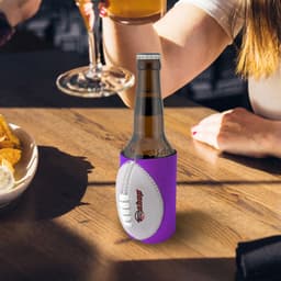 A drink bottle encased in a purple ball shape stubby holder, set on a wooden table with snacks.