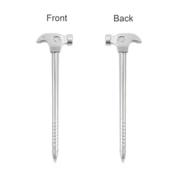 A silver ballpoint pen shaped like a hammer, displayed from front and back views. The pen features a branding logo.