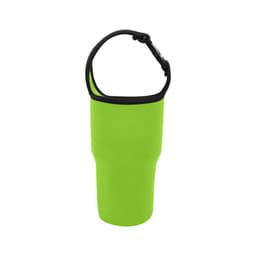 A drink bottle pouch in vibrant green with a black trim and adjustable strap, featuring a logo.