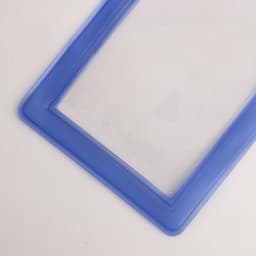 A waterproof phone bag in blue with a transparent front and an integrated neck string. Features a logo.