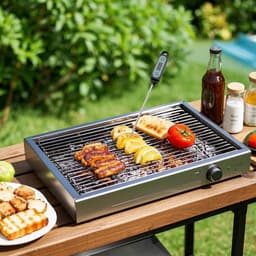A silver barbecue grill with food items cooking, alongside an instant read thermometer with a long probe on the grill.