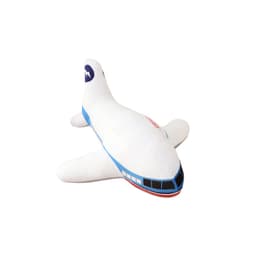 A plush toy designed like an airplane, predominantly white with blue and red details, featuring a logo.