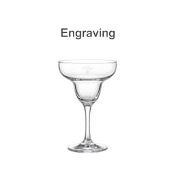 A clear glass margarita glass with a wide bowl and a tall stem. The glass features a logo.