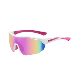 Sports cycling sunglasses in white and pink, featuring a large lens with a gradient rainbow finish and a sporty design.