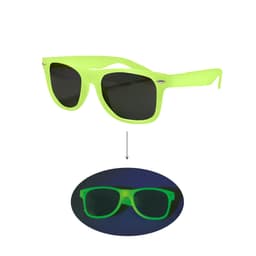 Glow in the dark sunglasses in vibrant neon green with dark lenses, displayed under both normal and UV light.