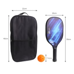 A wooden pickleball set featuring a paddle, a ball, and a black carry bag. The paddle has a blue design.