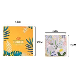 A square cloth featuring a yellow design with foliage and a smaller cloth with a floral pattern, both self-adhesive.