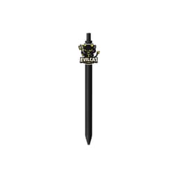 A black acrylic pen featuring a playful evil cat design on the top. The pen has a built-in logo.