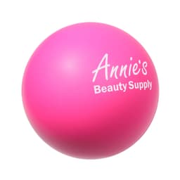 A pink baseball-shaped stress reliever with a logo printed on it.