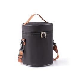 A cylindrical black lunch bag with a zipper closure and a detachable shoulder strap. It has a handle and branding.