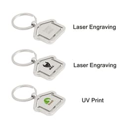 A metal keyring in a house shape, featuring silver colour and multiple designs with a logo.