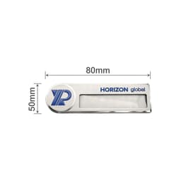 A custom reusable metal name badge featuring a silver finish with a blue logo and a clear window for a name.