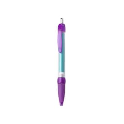 A purple and blue banner pen with a transparent body and a matching grip, featuring a logo.