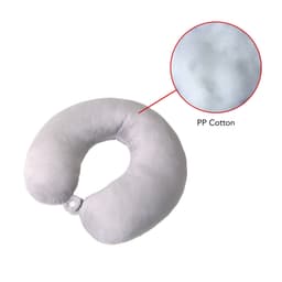 A U-shaped travel pillow in pale grey, made of soft fabric and filled with PP cotton, featuring a small button closure.