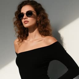 Classic metal sunglasses in black, worn by a model with curly hair, against a light background.