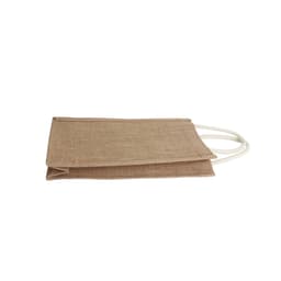 A jute double wine carrier in tan with white handles, featuring a clear window to display the contents.