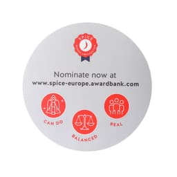 A round promotional mouse mat featuring a white surface with red icons and a logo.
