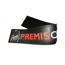 Moulded PVC bar runner in black with a textured surface and a prominent red logo, featuring a branding label.