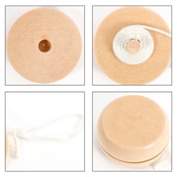 A wooden yoyo in a natural finish, featuring a white string. Multiple views showcase its rounded shape and smooth surface.