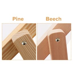 Close-up of two wooden frames displaying pine on the left and beech on the right, highlighting their textures and styles.