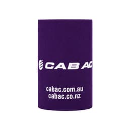 A purple stubby holder with a logo, designed to fit standard drink bottles.