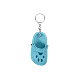 A blue paw-shaped clog shoe keyring with a metal chain for attachment. It features ventilation holes and a rounded design.