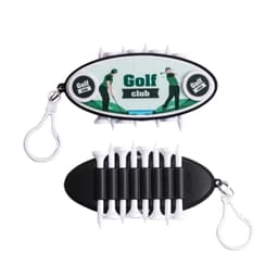 A golf tee set featuring white tees and a black holder, complete with a logo and a clip for easy attachment.