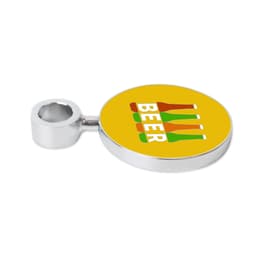 A round yellow beer tap badge with a silver holder, featuring an illustration of drink bottles.