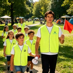 A group of children and an adult in bright yellow Hi-Vis reflective vests walking in a park.
