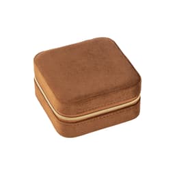 A velvet jewellery organiser in a square shape, featuring a soft brown finish and a gold zipper.