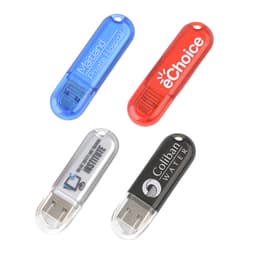 A set of four flash drives in blue, red, silver, and black, featuring various logos and designs.