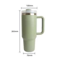 A drink bottle made of green stainless steel with a lid and straw, featuring a handle and measurements displayed.