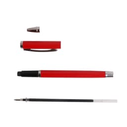 A red aluminium gel pen displayed in separate parts: cap, barrel, nib, and refill. Features a logo on the barrel.