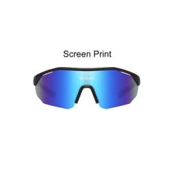 Sporty cycling sunglasses with a sleek black frame and blue reflective lenses. Features a logo on the front.