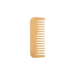 A bamboo small comb with a natural wood finish, featuring wide and narrow teeth for versatile grooming.