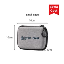 A grey zipper case measuring 14cm by 10cm by 4cm, featuring a branding logo on the front.