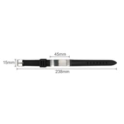 A black metal strap bracelet featuring a silver-toned metal buckle. Dimensions are 238mm length, 45mm width, 15mm thickness.