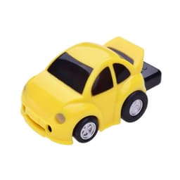 A yellow car-shaped flash drive featuring black wheels and a sleek design. The product includes a branding logo.