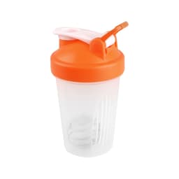 A drink bottle with an orange lid and spout, featuring a clear body and a mixing ball inside. It has a logo.