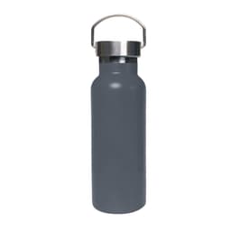 A drink bottle in grey with a stainless steel lid and a carry handle, featuring a logo.