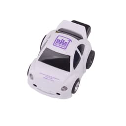 A car-shaped flash drive in white with black wheels and a logo on top. Ideal for tech enthusiasts.