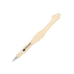 A bone-shaped pen in a light cream colour with a black logo on the side.