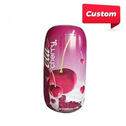 An inflatable bottle in pink featuring cherry graphics, with a logo displayed prominently.