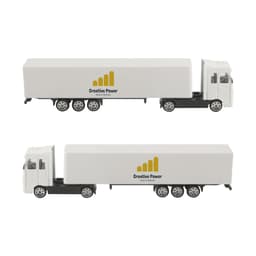 A novelty truck toy model in white and black, featuring a logo on the side. Two units are displayed.