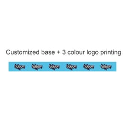 A roll of BOPP packaging tape featuring a light blue background with a multicoloured printed logo design.