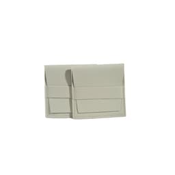 A PU leather flip jewelry pouch in a soft grey colour, featuring a flap closure and a logo on the front.
